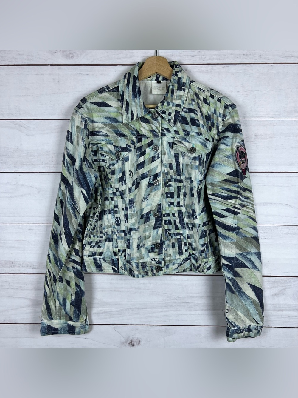 Vintage Y2K Just Cavalli Art Denim Jacket Womens Medium Made In Italy